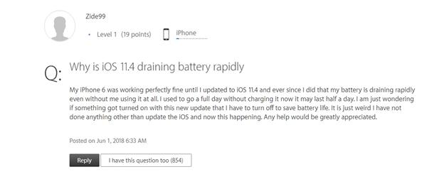 你遇到了吗？用户吐槽升iOS 11.4后耗电过快