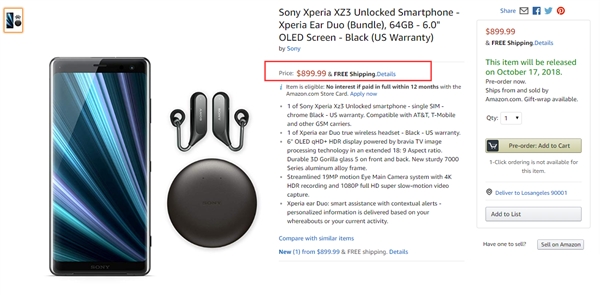 索尼Xperia XZ3美版售价确定 比iPhone XR贵