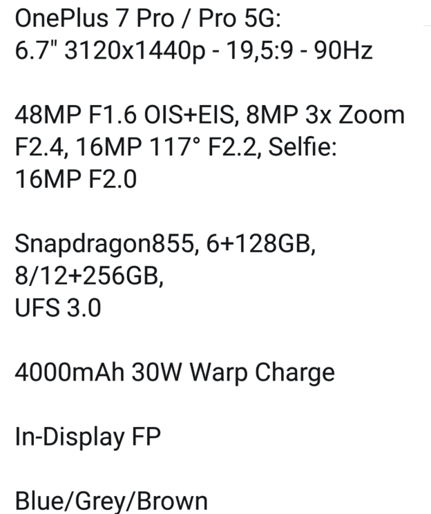 一加7 Pro配置曝光：2K屏/90Hz、UFS 3.0闪存