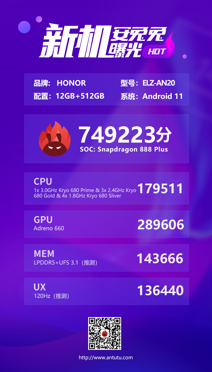 12+512GB 疑似荣耀Magic 3跑分曝光 骁龙888 Plus加持
